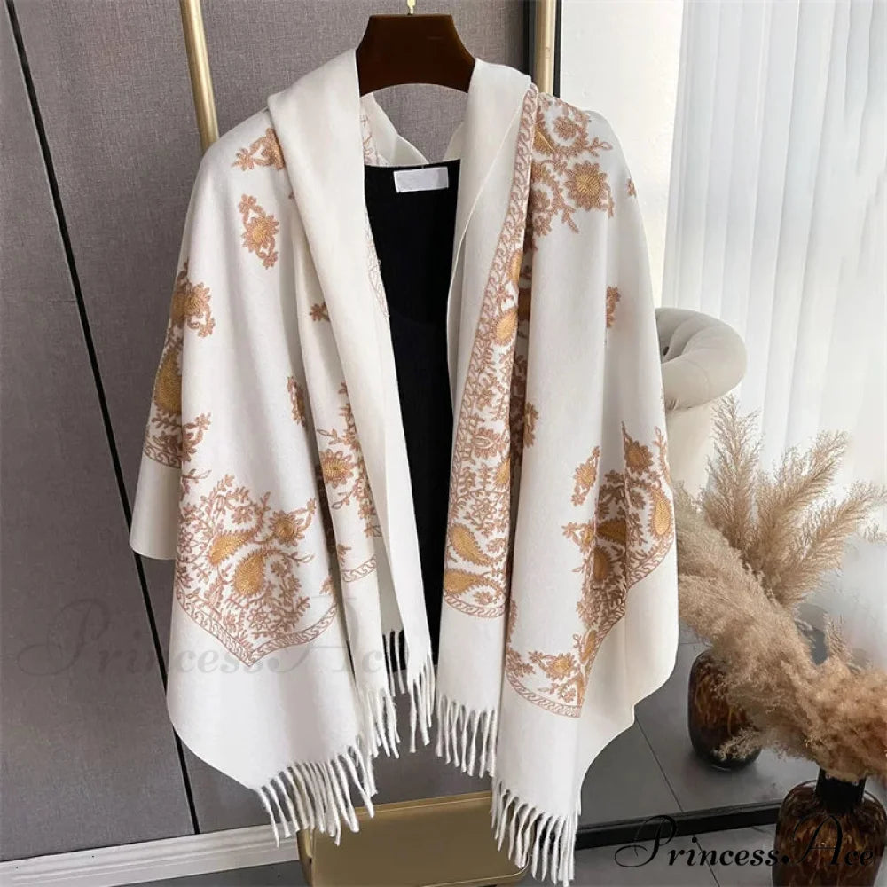 Cold Weather Soft Wool Embroidered Scarf beige scarf-241228
