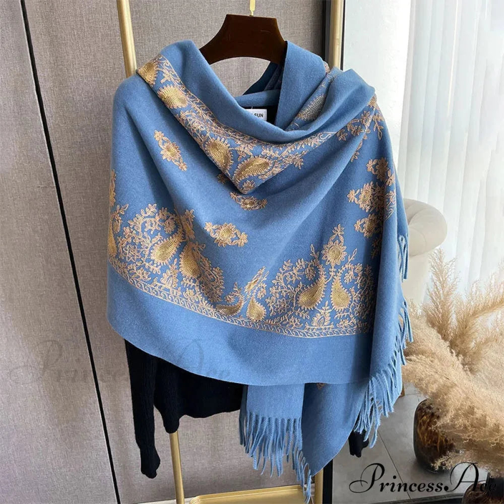 Cold Weather Soft Wool Embroidered Scarf blue 1 scarf-241228