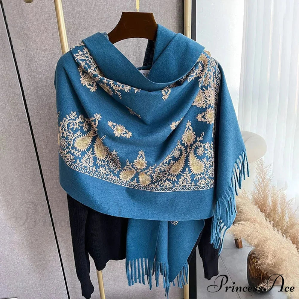 Cold Weather Soft Wool Embroidered Scarf blue scarf-241228