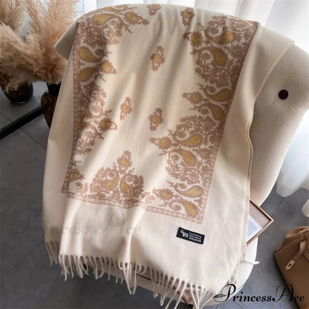 Cold Weather Soft Wool Embroidered Scarf white scarf-241228
