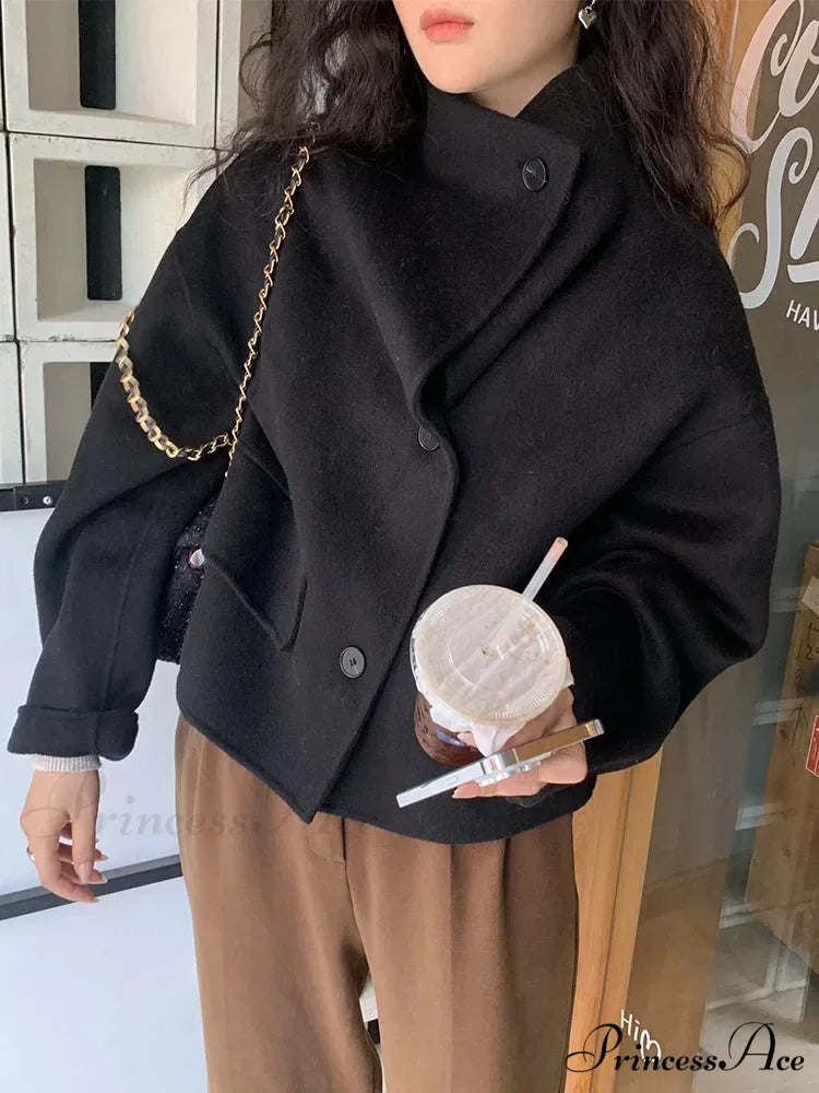 Cold Wool High Neck Buttoned Overcoat Black / One Size overcoats-241228