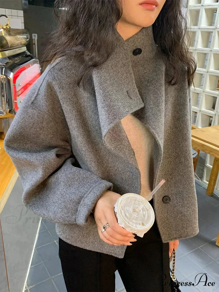 Cold Wool High Neck Buttoned Overcoat Gray / One Size overcoats-241228
