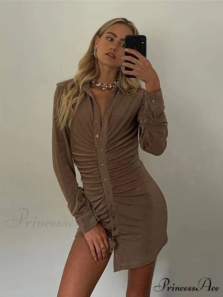 Collar Button Short Dress Coffee / S minidress-250223