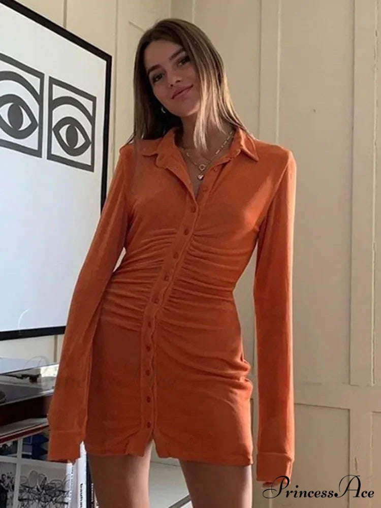 Collar Button Short Dress Orange / S minidress-250223