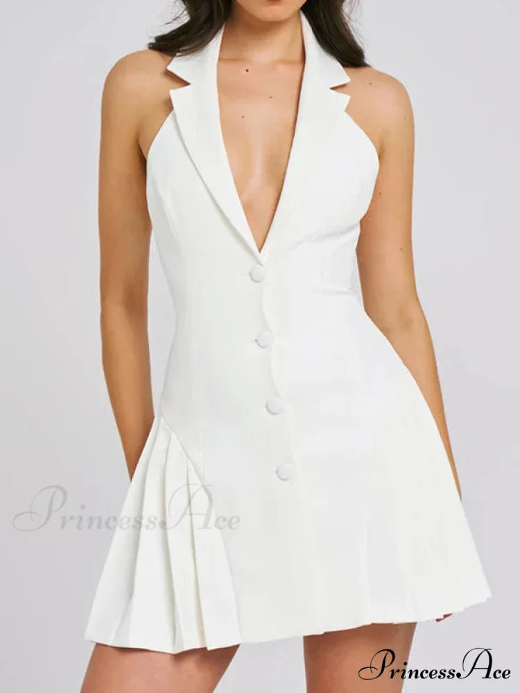 Collar Buttoned Backless Charming Suit Mini Dress WHITE / L