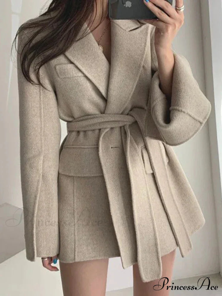 Collar Cinched Joined Pockets Overcoat Apricot / One Size overcoats-241228