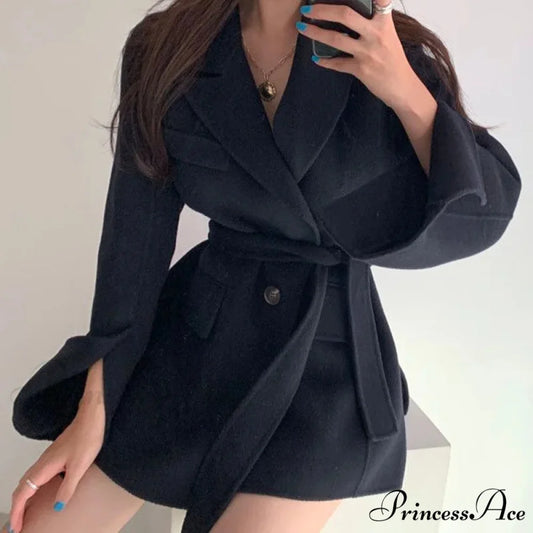 Collar Cinched Joined Pockets Overcoat Black / One Size overcoats-241228