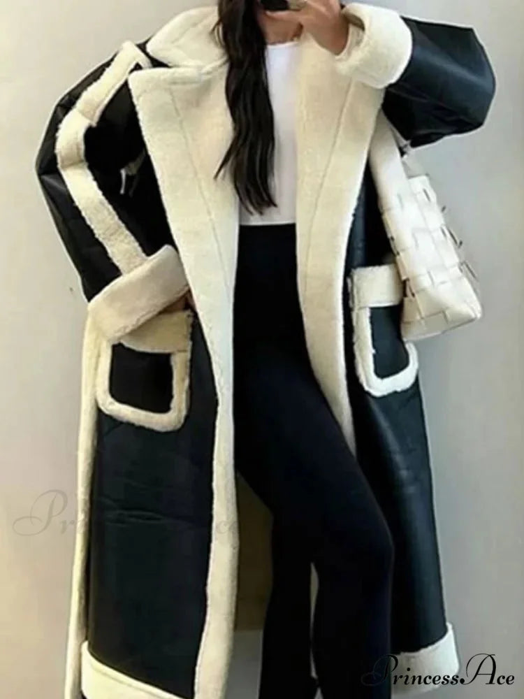 Collar Contrast Leather Baggy Jacket coats-241228