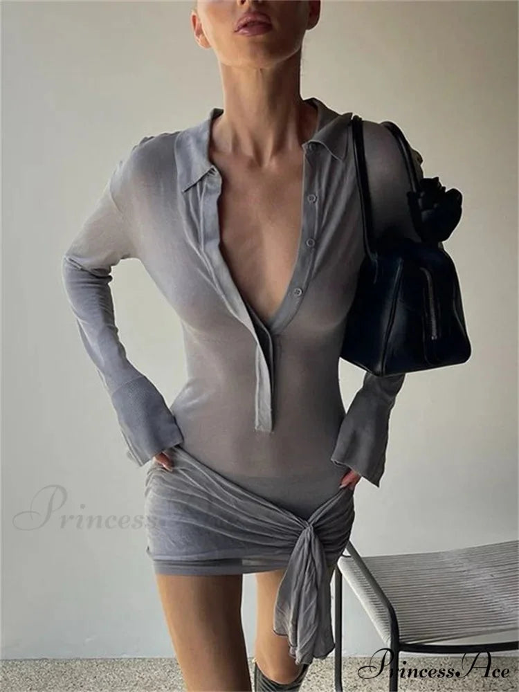 Collar Folded Transparent Short Dress GRAY / S minidress-250223
