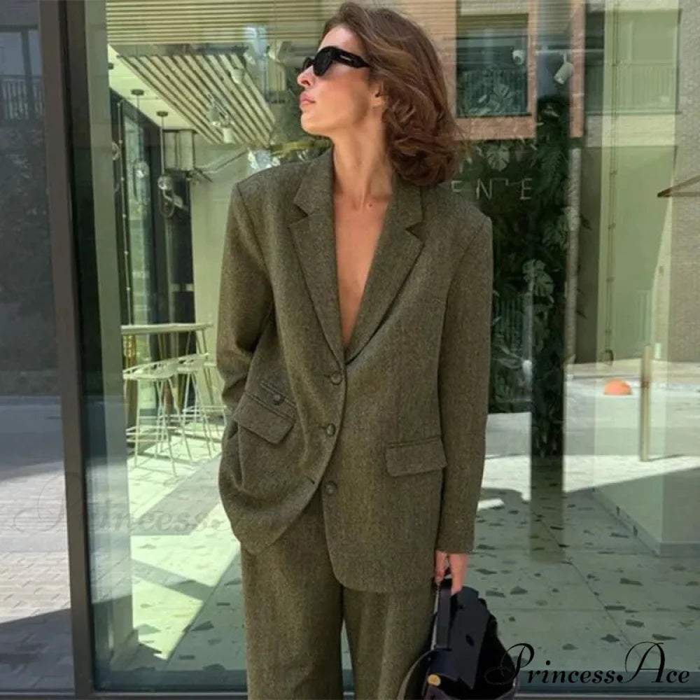 Collar Loose Pants Office Two Piece Set green Coat / S officetwopieceset-250223