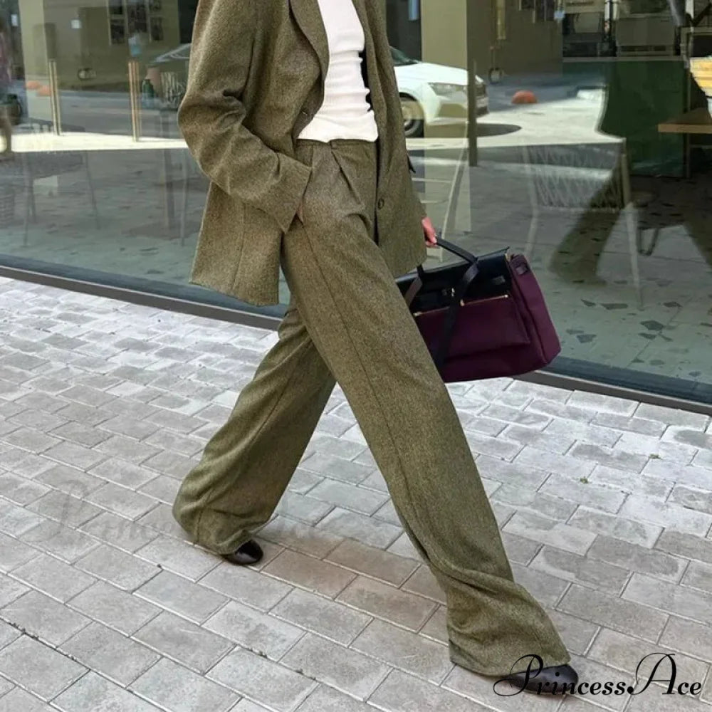 Collar Loose Pants Office Two Piece Set green Pants / S officetwopieceset-250223