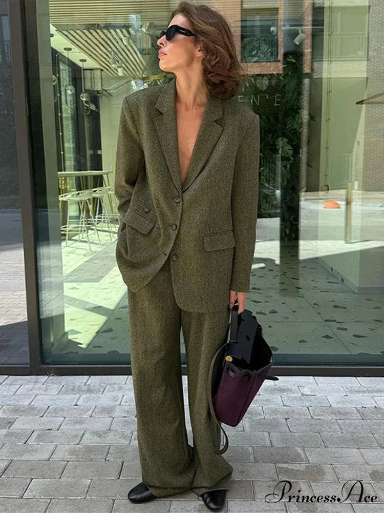 Collar Loose Pants Office Two Piece Set green set / S officetwopieceset-250223