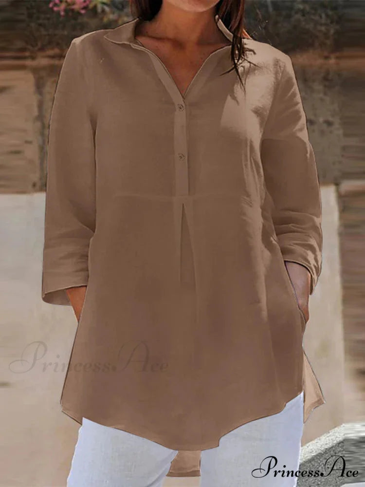 Collar Neck 3/4 Sleeve Informal Baggy Button Blouse Coffee / S blouse-250126