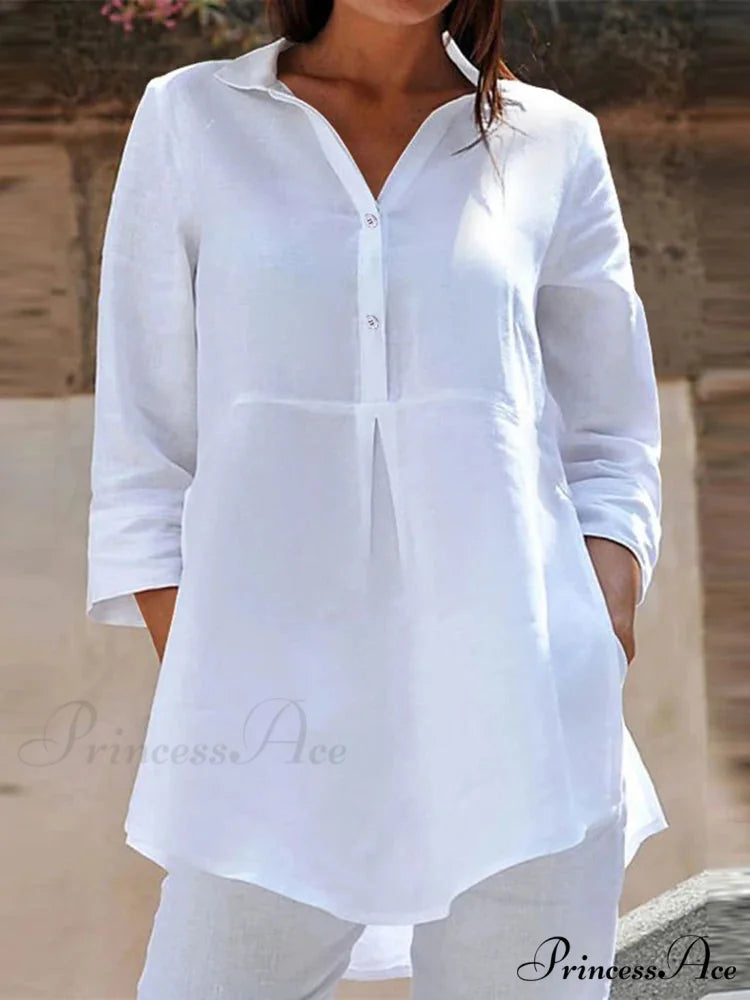 Collar Neck 3/4 Sleeve Informal Baggy Button Blouse WHITE / S blouse-250126
