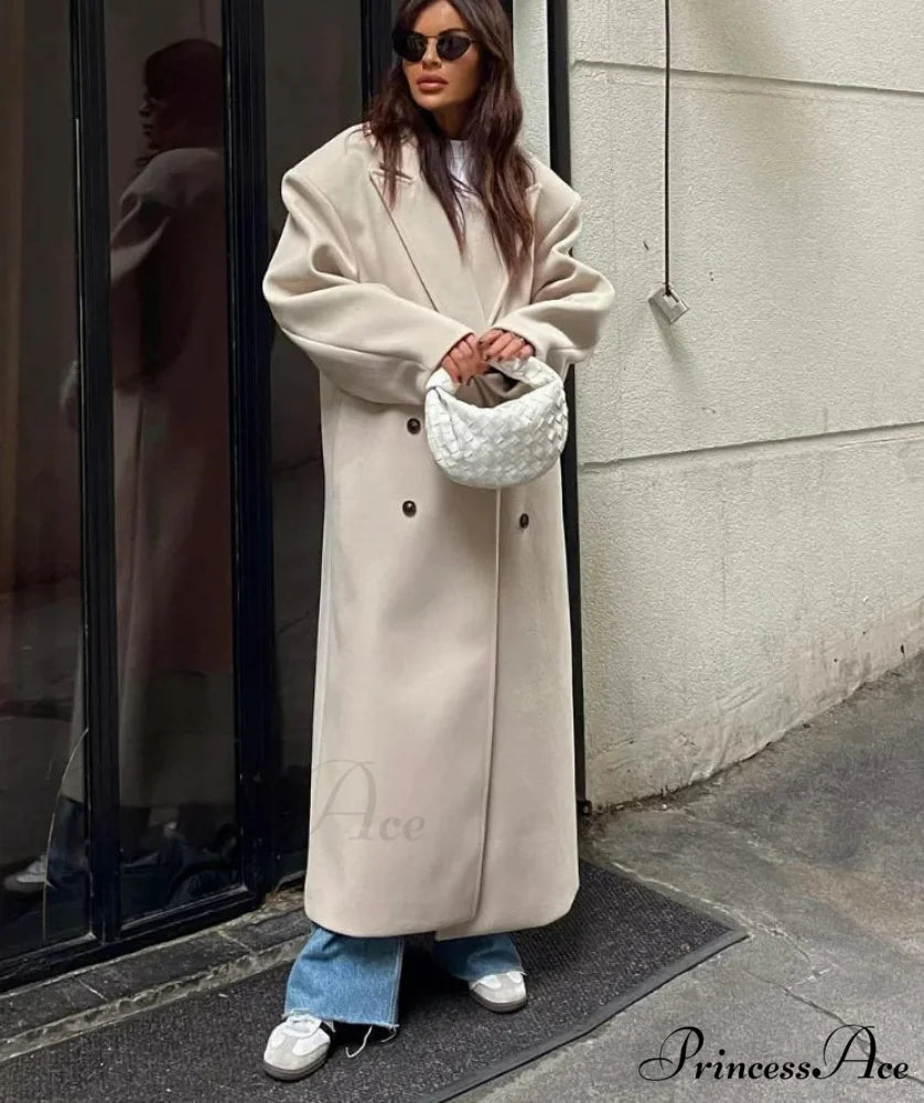 Collar Woolen Dual-Buttoned Shoulder Pad Overcoat Beige / S overcoats-241228