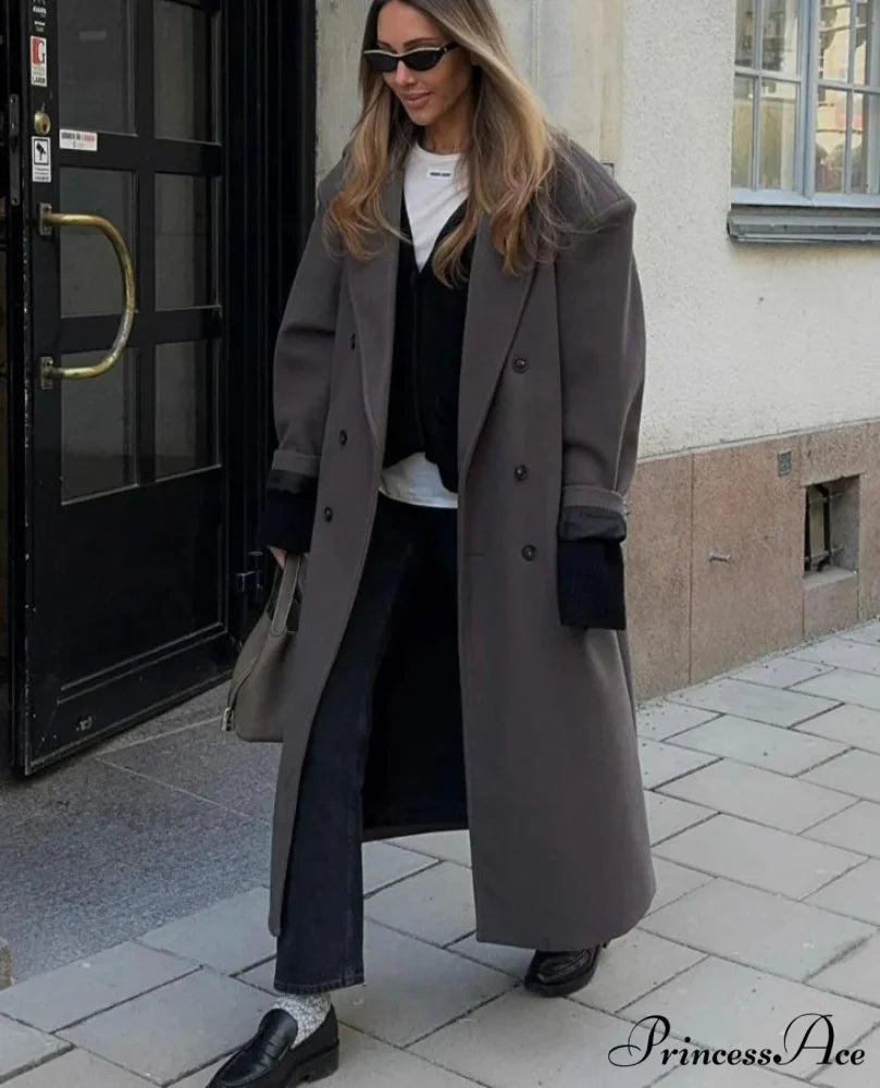 Collar Woolen Dual-Buttoned Shoulder Pad Overcoat gray / S overcoats-241228