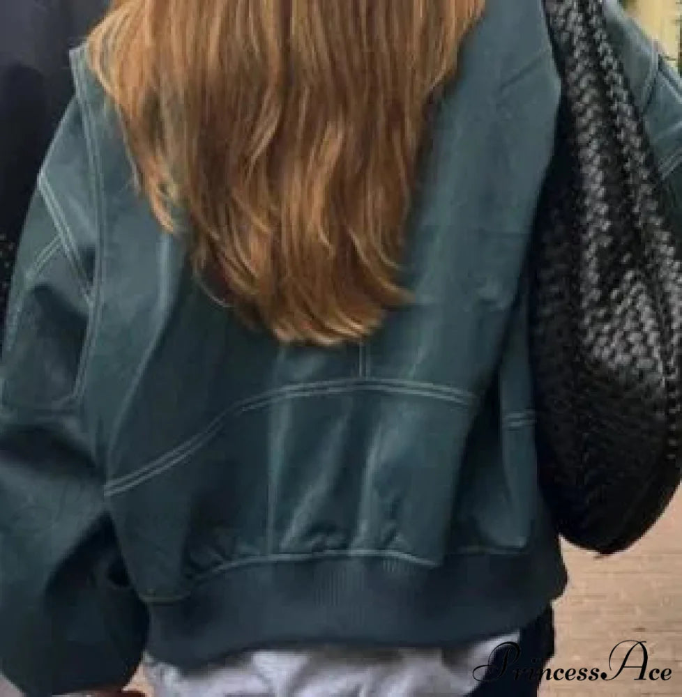 Collar Zipper Stylish Bomber Overshirt Jacket Green / S