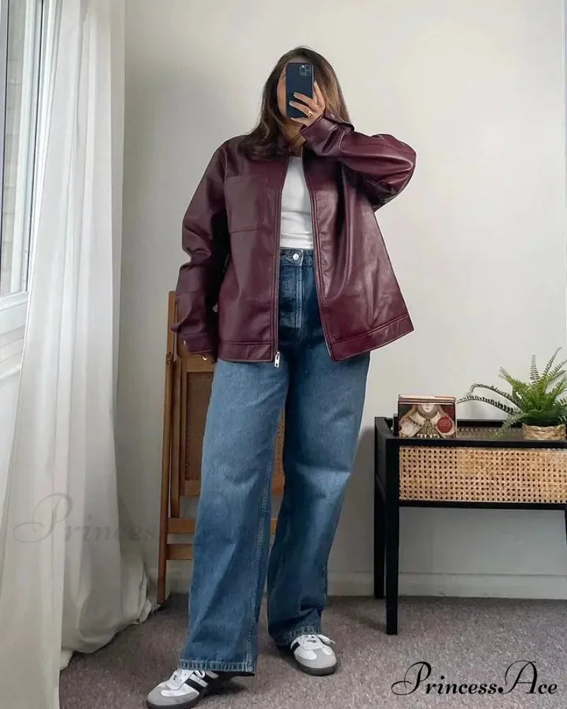 Collar Zipper Stylish Bomber Overshirt Jacket Red / S