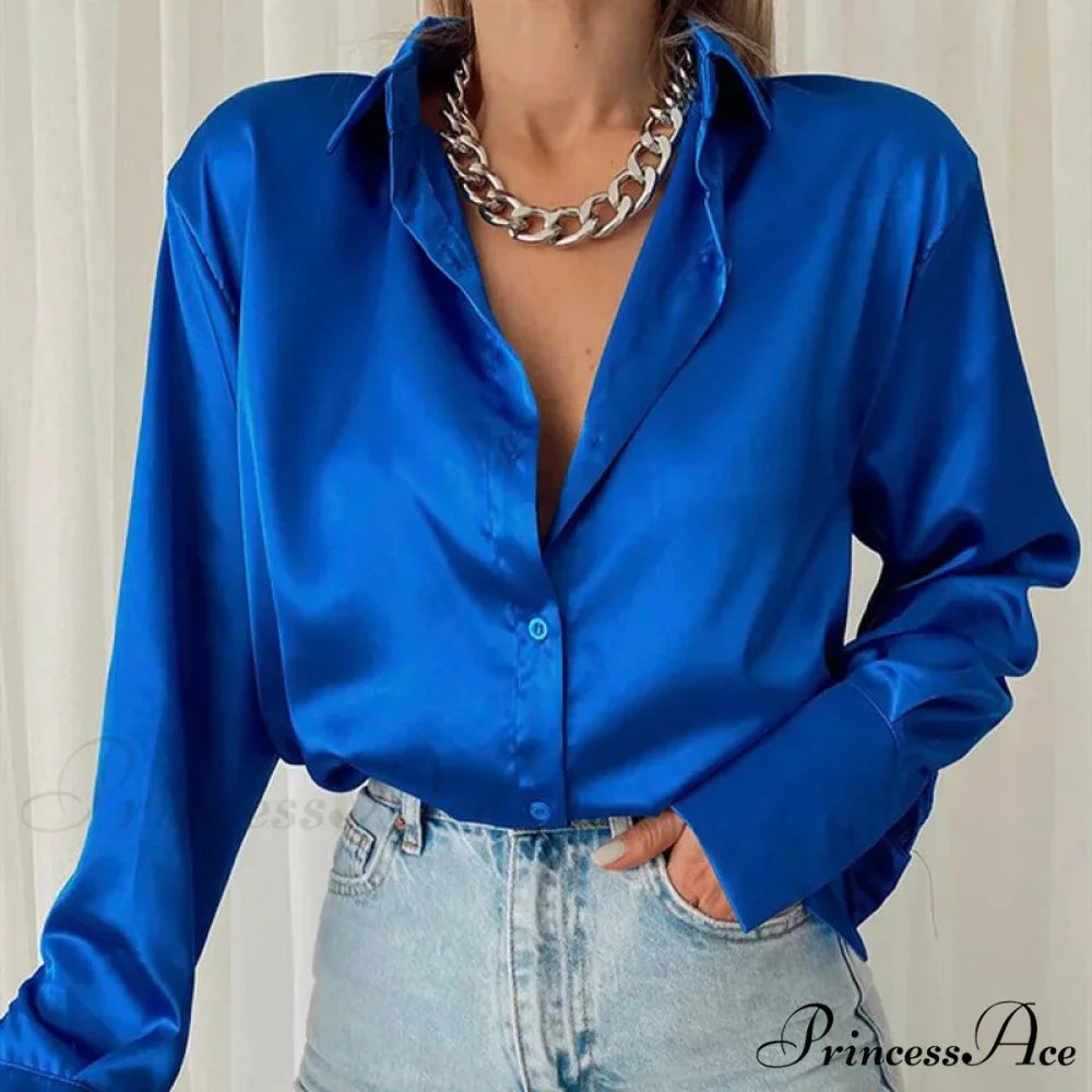 Collared Satin Retro Blue Blouse blouse-250223