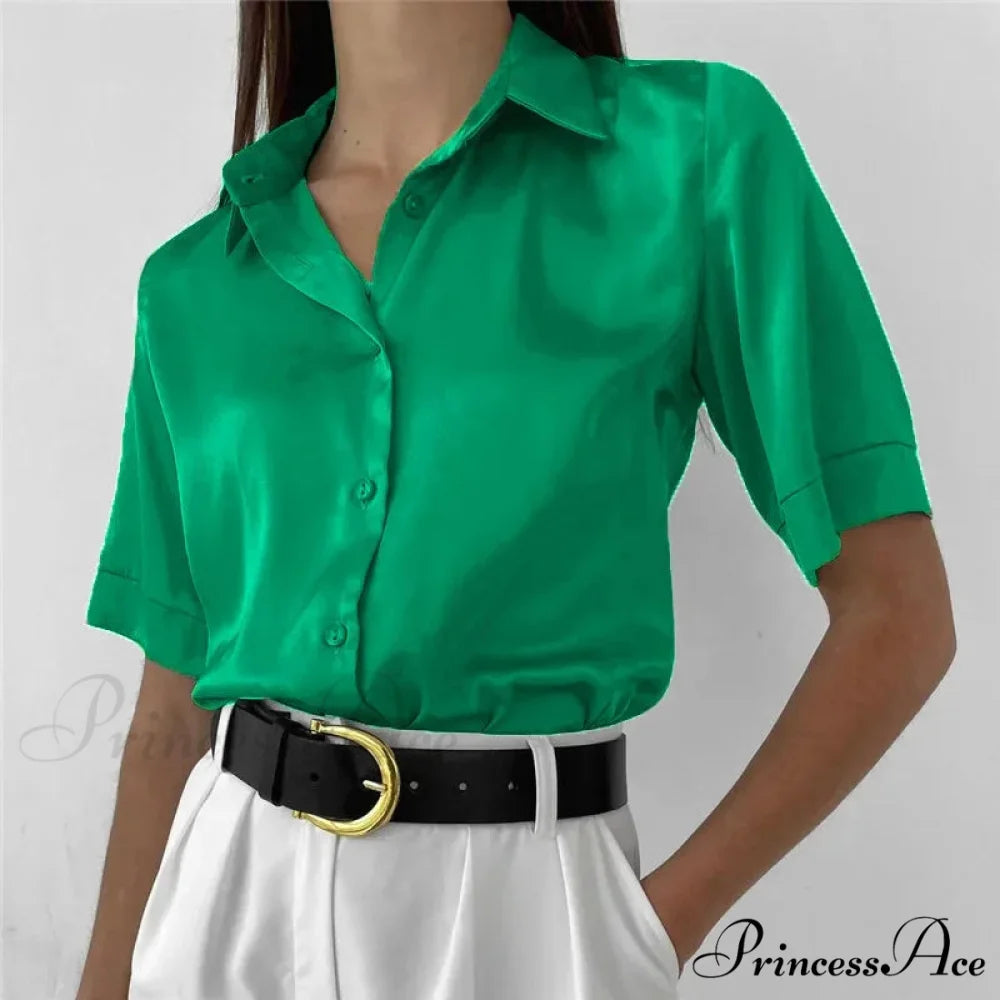Collared Satin Retro Blue Blouse Green short / S blouse-250223