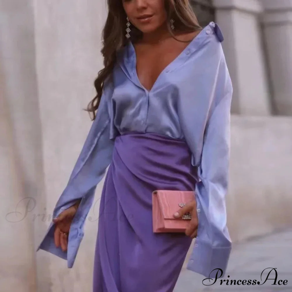 Collared Satin Retro Blue Blouse PURPLE / S blouse-250223