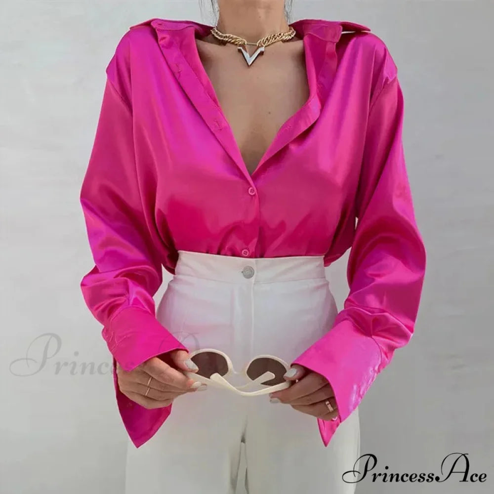 Collared Satin Retro Blue Blouse Rose Red / S blouse-250223