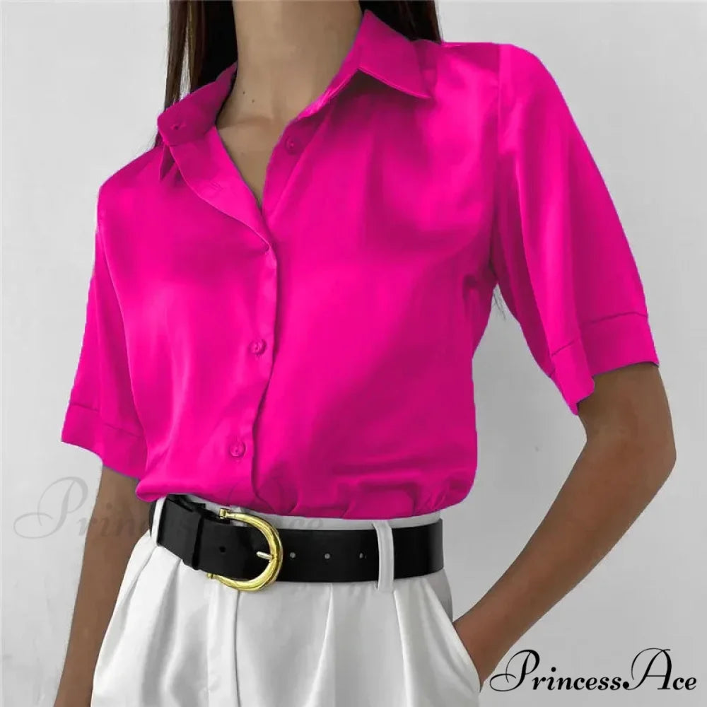 Collared Satin Retro Blue Blouse Rose short / S blouse-250223