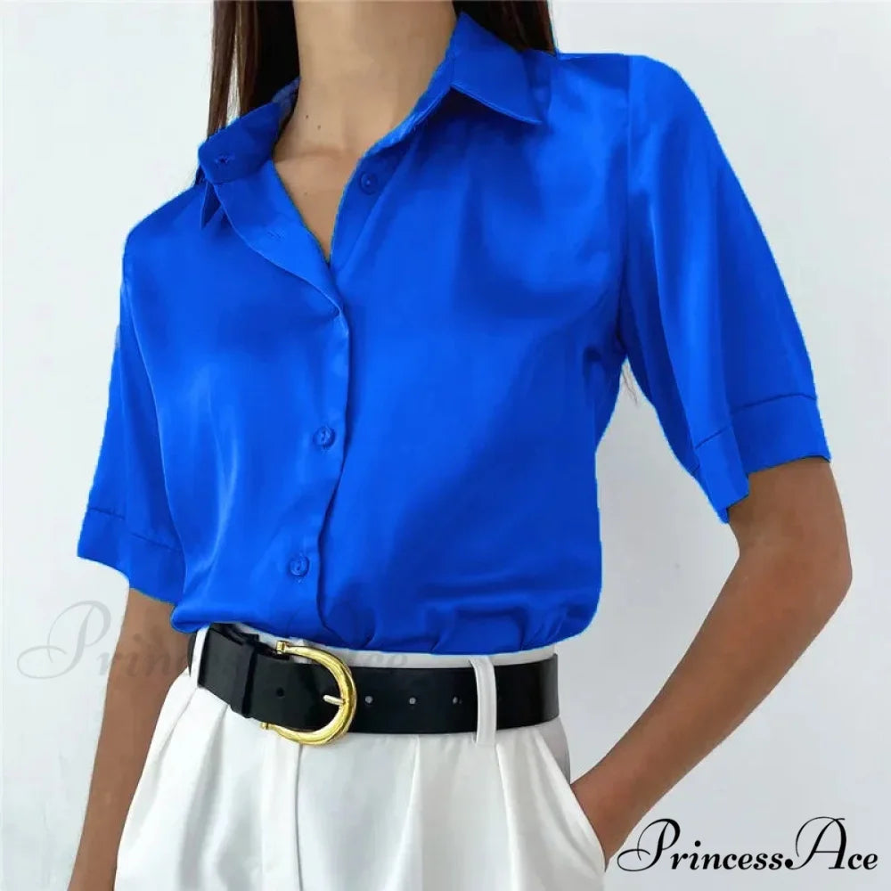 Collared Satin Retro Blue Blouse blue short / S blouse-250223