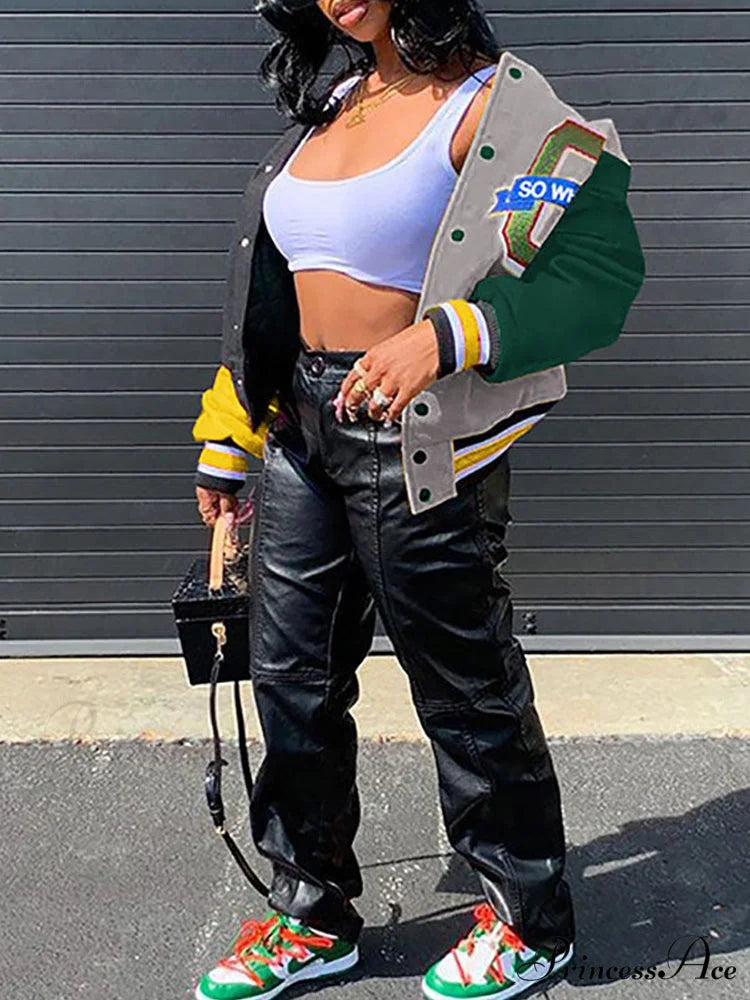 Color Block Argyle Trendy Print Wide Leg Jeans Gray / M