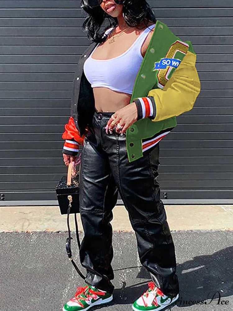 Color Block Argyle Trendy Print Wide Leg Jeans Green / M