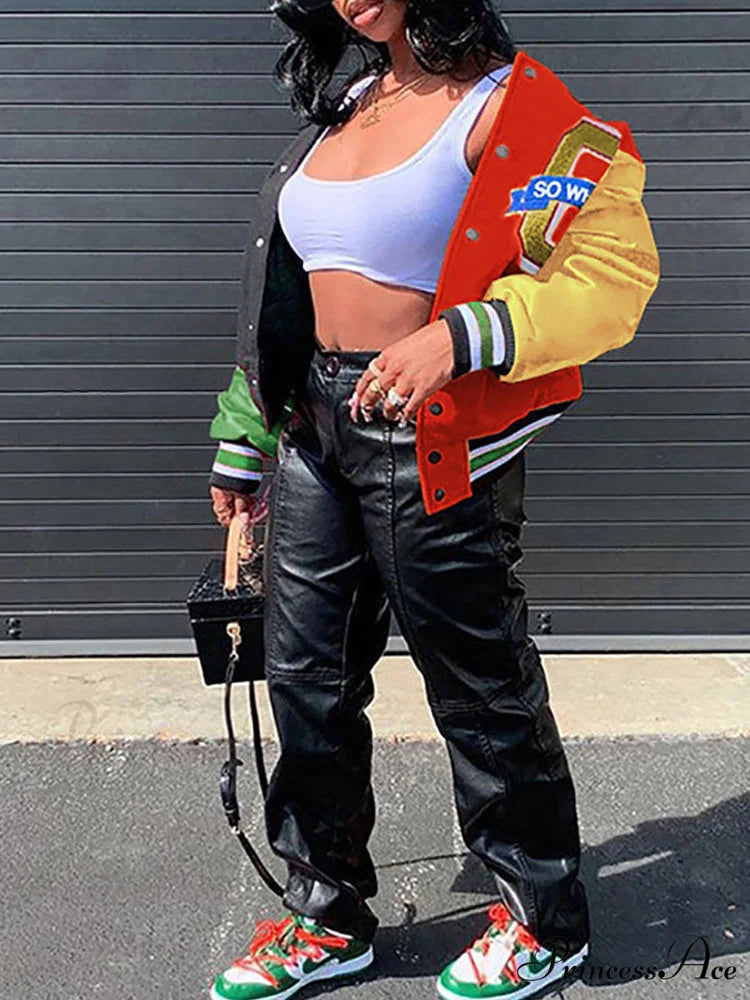 Color Block Argyle Trendy Print Wide Leg Jeans Red / M