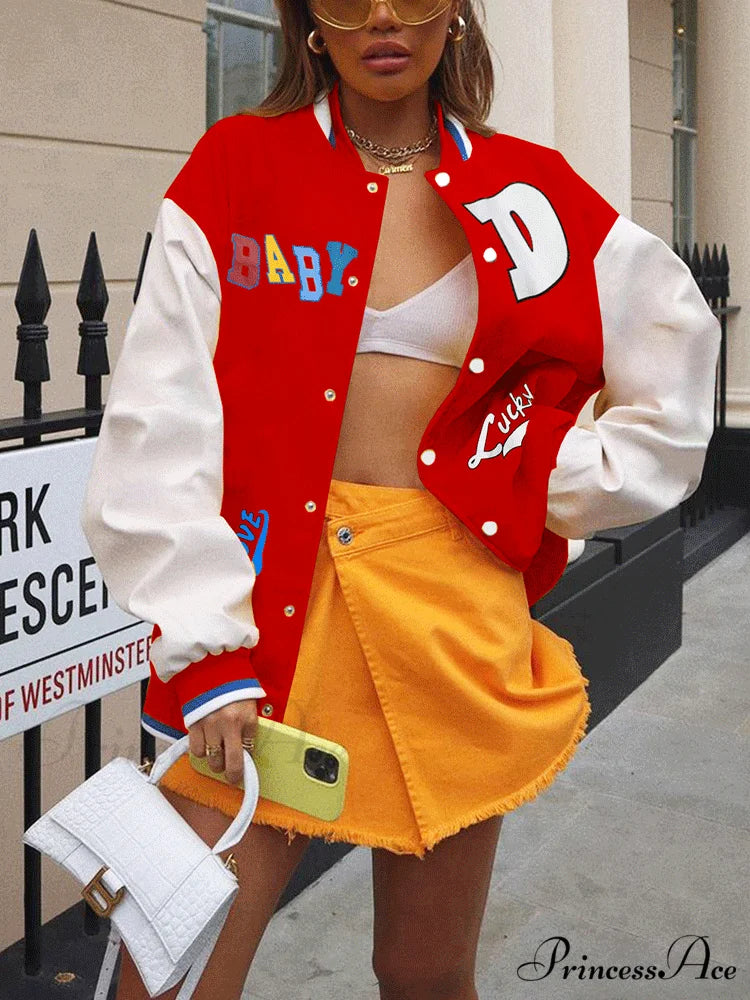 Color Block Graceful Baseball Jacket Red / S