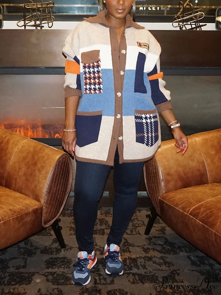 Color Block Graceful Striped Sweater Coffee / One Size