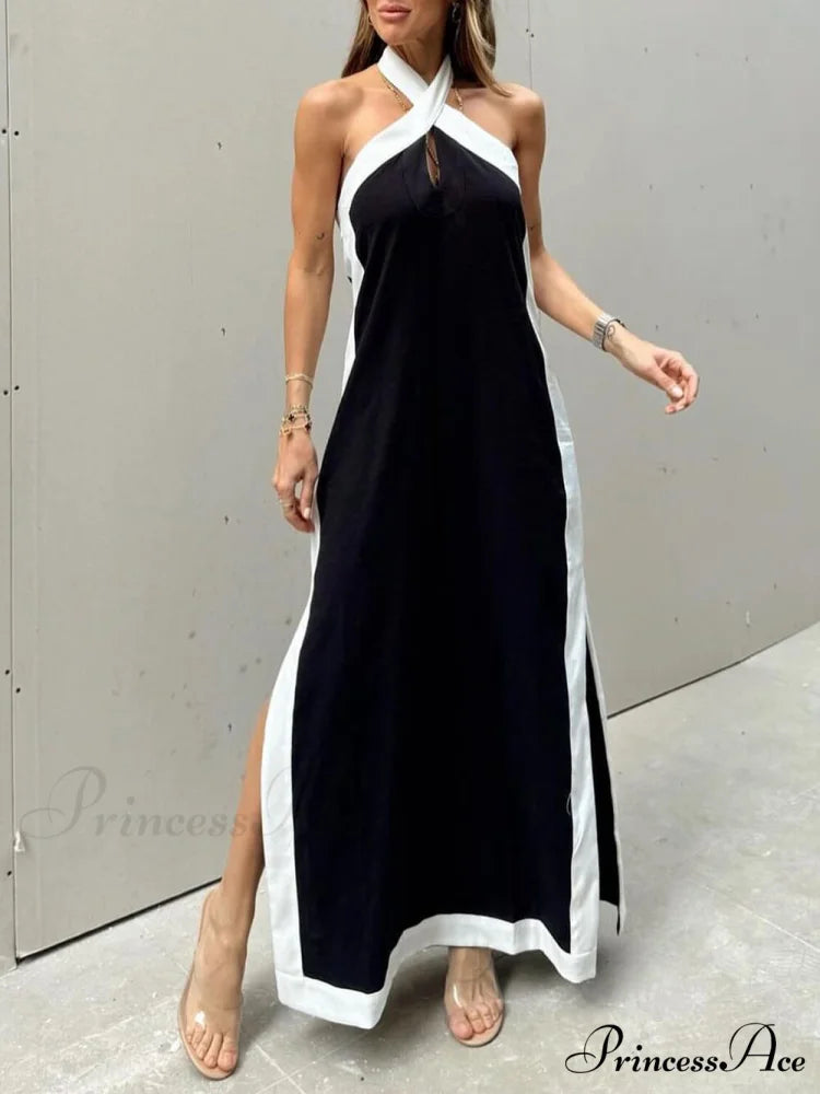 Color Block Halter Charming Neck Slit Maxi Dress Black / S