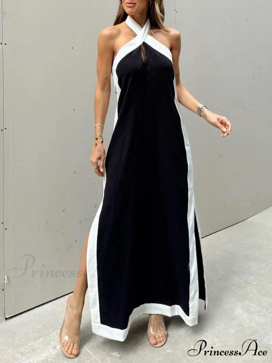 Color Block Halter Charming Neck Slit Maxi Dress Black / S