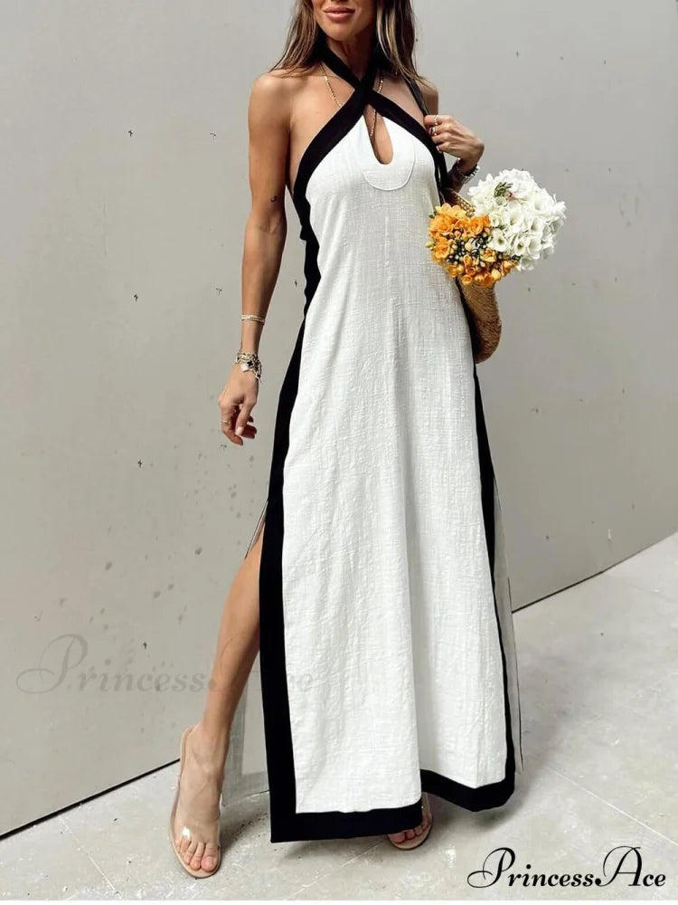 Color Block Halter Charming Neck Slit Maxi Dress White / S