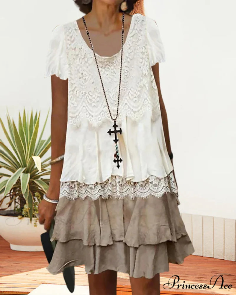Color block lace dress with round neck