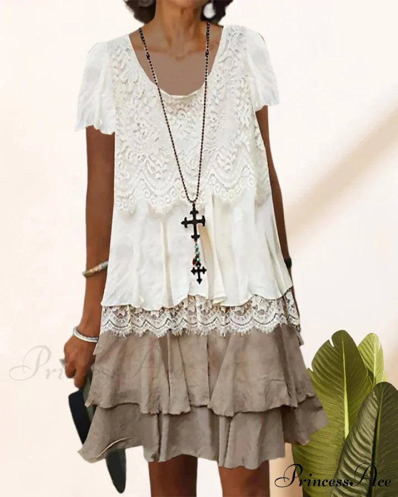 Color block lace dress with round neck