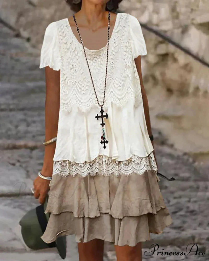 Color block lace dress with round neck