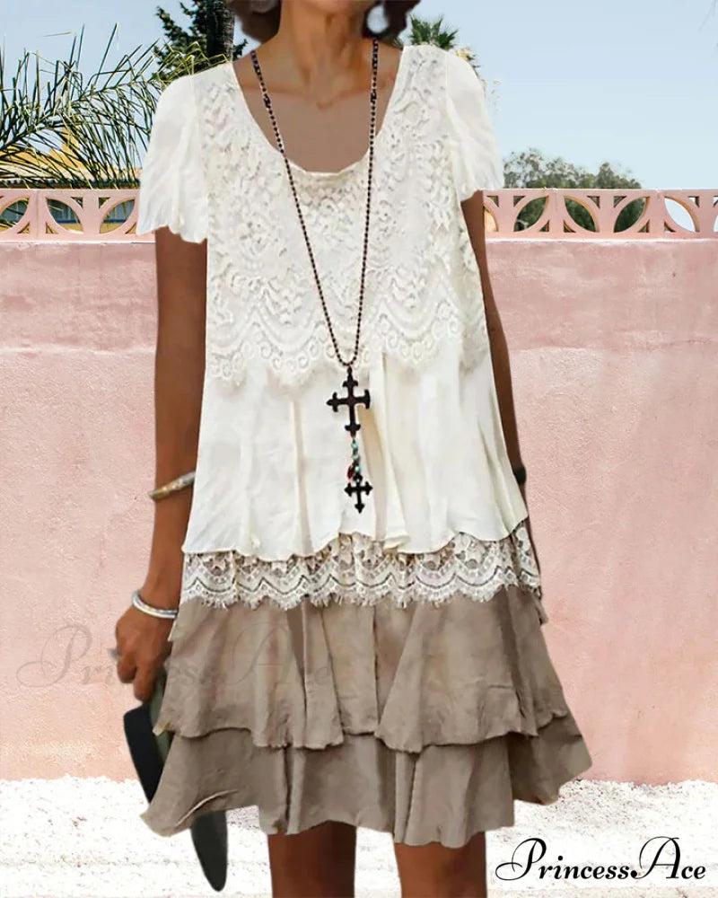 Color block lace dress with round neck
