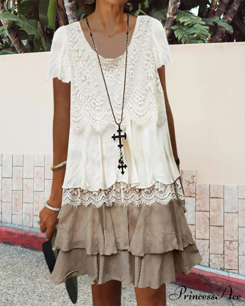 Color block lace dress with round neck