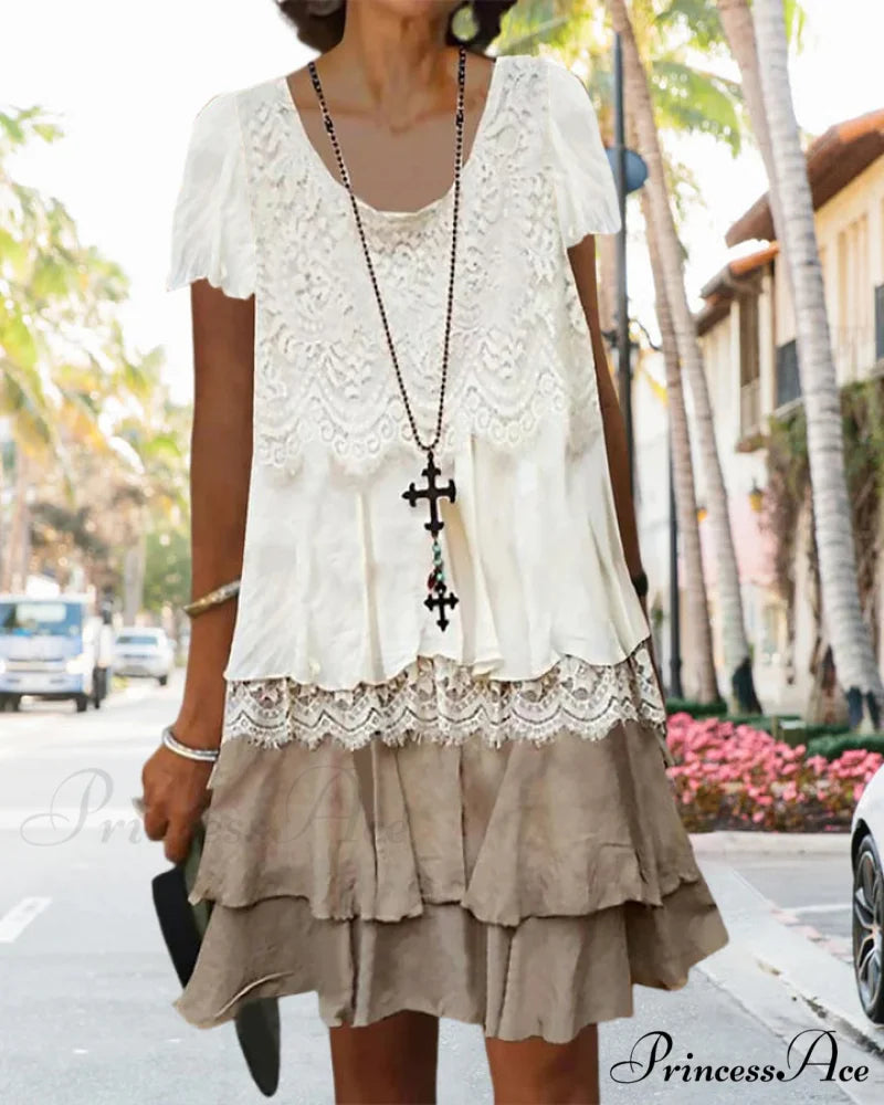 Color block lace dress with round neck White / S