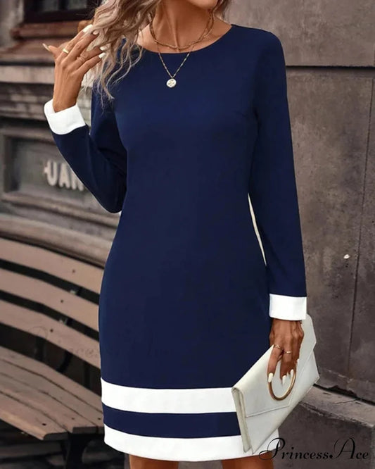 Color Block Round Neck Dress Navy Blue / S
