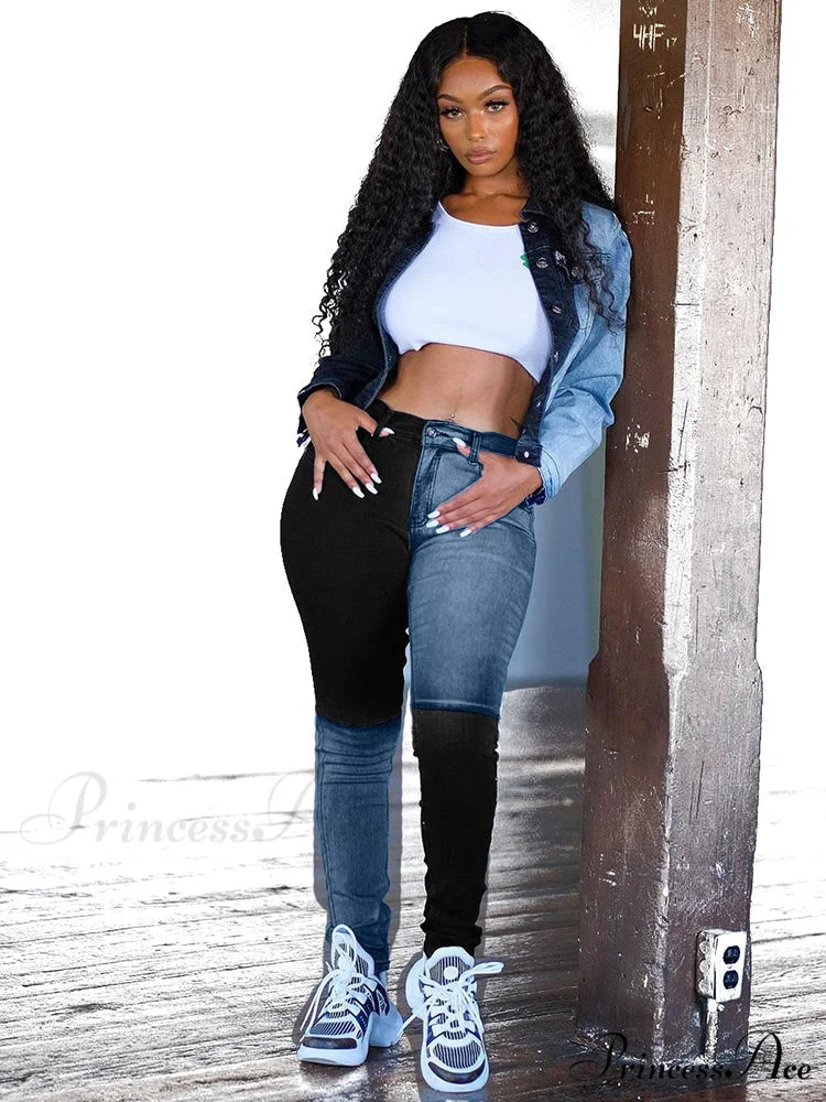 Color Block Shirt Trendy Collar Midi Dress Black/Light Blue / M