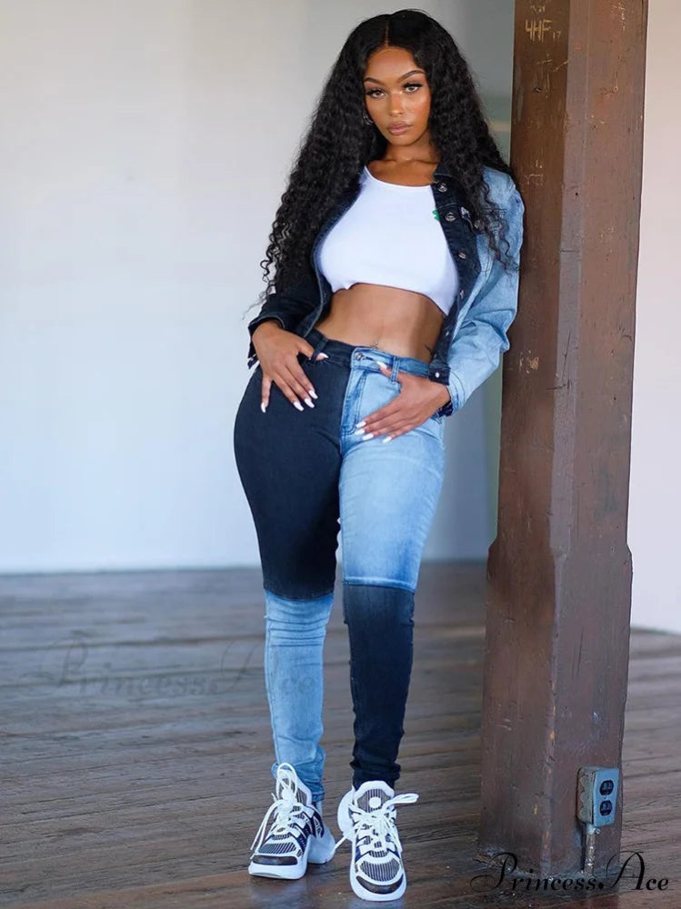 Color Block Shirt Trendy Collar Midi Dress Dark Blue/Light Blue / M