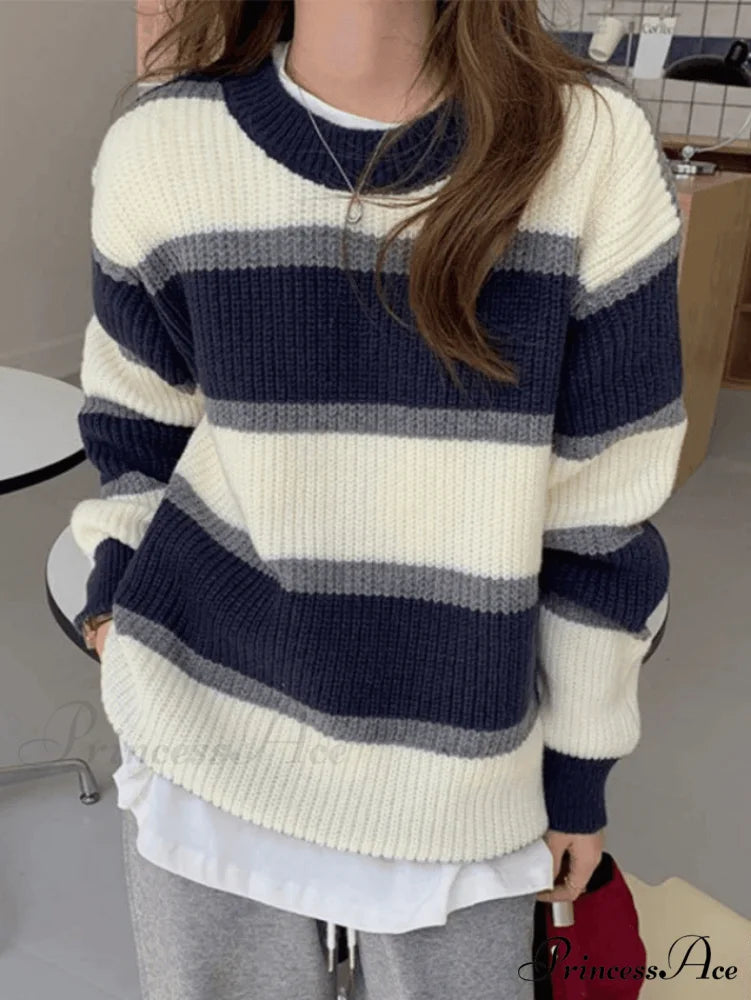 Color Block Striped Trendy Knit Crop Top Blue / ONE SIZE