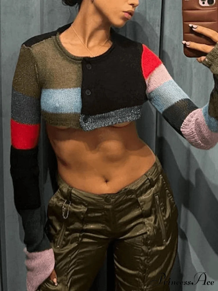 Color Block Striped Trendy Knitted Crop Cami Top