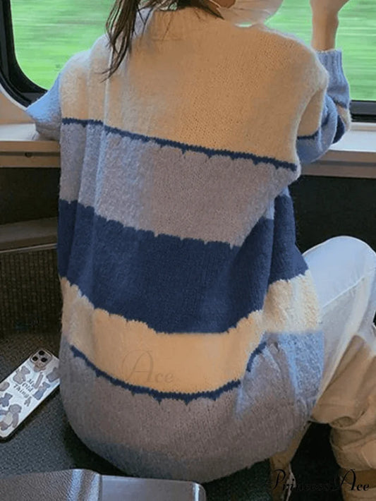 Color Block Striped Trendy Long Sleeve Bolero Cardigan Blue / ONE SIZE