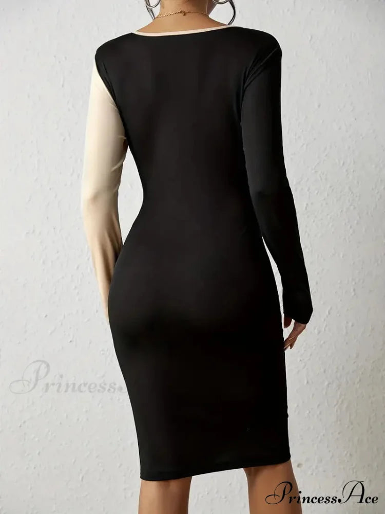 Color Block V Neck Long Sleeve Dress with Knot Detail S / Burgundy