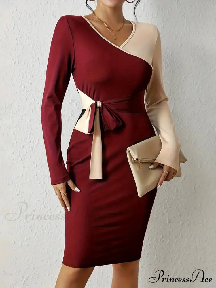 Color Block V Neck Long Sleeve Dress with Knot Detail S / Gray